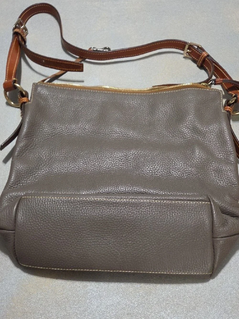 Dooney & Bourke Gray Pebbled Leather Crossbody with Brown Trim